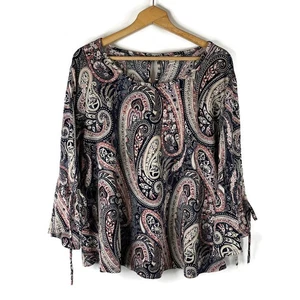 CATO Womens Blouse Top Size 3X Navy Blue Paisley Round Neck Bell Tie 3/4 Sleeve - Picture 1 of 9
