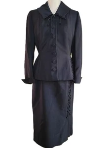 Traje Falda Vintage Años 50 Dan Millstein Balenciaga Lana Unión EE. UU. Azul Marino Chaqueta - Imagen 1 de 16