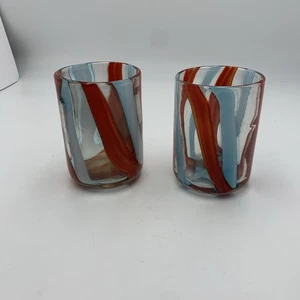 Mexican Hand Blown Tumbler Glasses with Blue And Red Swirls - Set of 2 - Picture 1 of 7