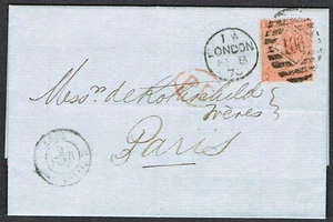 1870 Cover London-Paris 4d Vermilion Pl 11 PE '106' Duplex Red 'PD' Cat.£140.00 - Picture 1 of 2