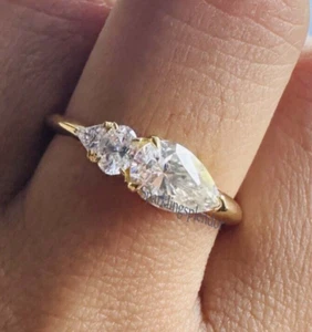 East West Engagement Ring 3 Stone Moissanite Wedding Ring Yellow Gold Plated - Picture 1 of 14