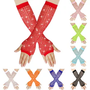 Long Fishnet Net Gloves Shiny Rhinestone Fingerless Mesh Mitten Arm Sleeve 1Pair - Picture 1 of 39