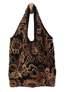 Neu mit Etikett Free People Vigne Beuteltasche offen Strick Schultertasche gehäkelt schwarz braun Einheitsgröße Boho - Bild 1 von 11