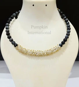 Natural Moonstone & Snowflake Obsidian Beaded Choker Necklace, Handmade Jewelry - Picture 1 of 7