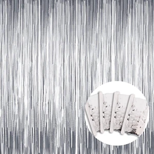 4 Pack Curtain Steamers Foil Fringe Backdrop - Silver Tinsel Metallic Curtains P - Picture 1 of 12