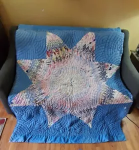 VTG 1930 Lone Star Quilt in Pastels and Yellow Background 80x60 DATED BLEMISHED - Picture 1 of 17