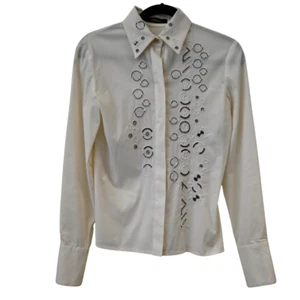 Versace Button Down Shirt Size 40 US 4 White Beaded Embroidered Long Sleeve Top - Picture 1 of 13
