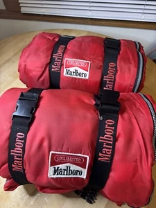 PAIR Vintage 90s Team Marlboro Unlimited BIG RED BEDROLL flannel sleeping bag - Picture 1 of 4