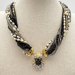Vtg Blackamoor Necklace Jewelry Glass Rhinestone Multi Layer Beads Gold Tone 17" - Picture 1 of 23