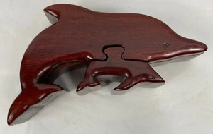 US SELLER- Dolphin With Baby Handcrafted Trinket Jewelry Puzzle Box Wooden decor - Picture 1 of 12