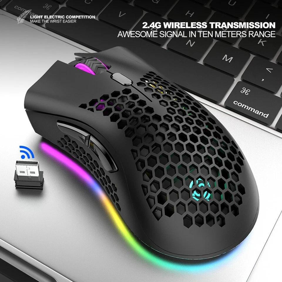 2.4GHz Lightweight Wireless Gaming Mouse Honeycomb 1600DPI Adjust RGB Backlit - Image 1 of 4