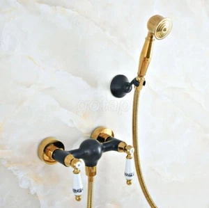 Schwarz Gold Messing Wandmontage Mischbatterie Duscharmatur 2 Griff Handhel Duscharmatur - Bild 1 von 9