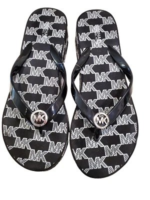 Michael Kors MK Black Platform Flip Flops Bedford Sz 8 Thong Wedge Sandals Logo - Image 1 of 4