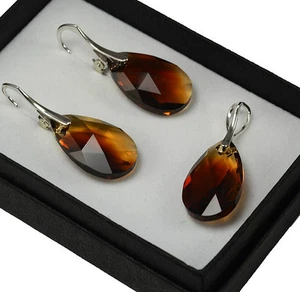 925 Silver Earrings/Set made with Swarovski Crystals 22mm PEAR -Topaz Blend - Picture 1 of 5