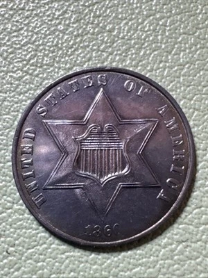 1860 Gem BU+ Silver 3 Cent Silver Type 3, High Grade *Low Mintage (287K)* Toned - Image 1 of 4