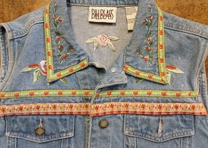 Vintage 90er Y2K Bill Blass Damen L Knopfleiste blau Jeansweste - Rose bestickt - Bild 1 von 8