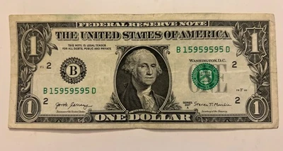 Quad 9s $1 Fancy Serial Number – Repeater 95 Pattern – B15959595D - Dollar Bill - Image 1 of 4