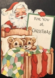 Vintage Weihnachtsgrußkarte lustiger Weihnachtsmann hinter Bett entzückender kleiner Bären 4 U - Bild 1 von 4