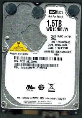 WD15NMVW-11W68S0 S/N:WX71A DCM:HBCVJBKB WESTERN DIGITAL 1.5TB THAILAND  SEP 2012 - Image 1 of 2
