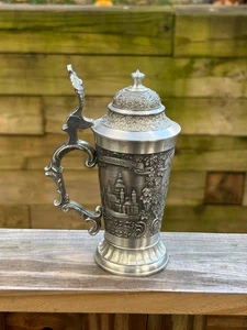 6" Zinn Becker Pewter Lidded Beer Stein Rheinland-Pfalz Becher VINTAGE Nice! - Picture 1 of 19