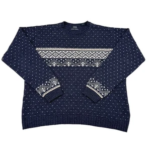Vintage Izod Sweater Mens Medium Navy Blue Fair Isle Crewneck Pullover Lambswool - Picture 1 of 8