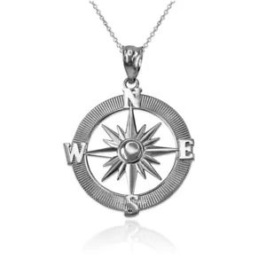 10K White Gold Compass Pendant Necklace - Picture 1 of 4