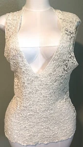 Designer Ivory Sexy Lace SEXY Tank Low-Cut V Neck Sleevel FREE SHIP VTG XL L M - Picture 1 of 6