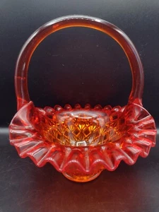 De Colección Fenton Amberina Cesta de Vidrio Retro Rojo Brillante Naranja Brilla Volantes Ondulados - Imagen 1 de 7