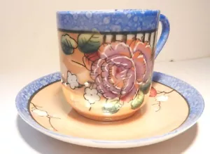 Handpainted Beaded Flowers~Peach Lustre Demitasse Cup & Saucer-Blue Rim-Japan - Picture 1 of 7