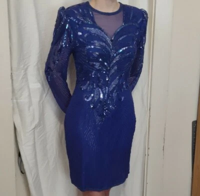 Vintage Scala Blue Beaded Silk Cocktail Evening Dress Size Medium - Image 1 of 4