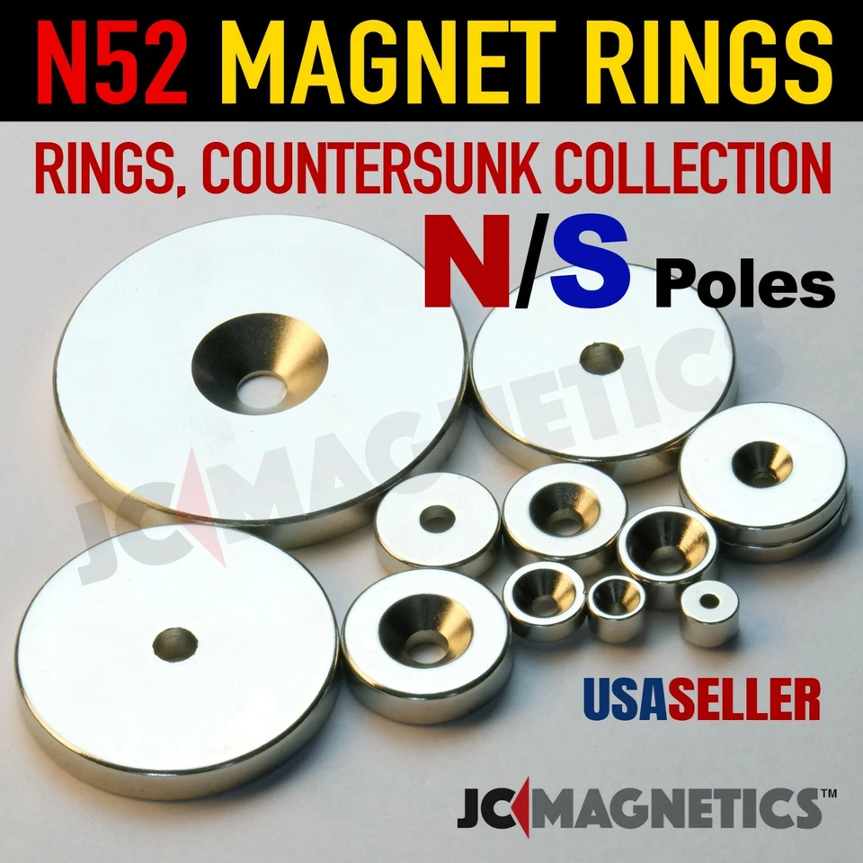 Rings Countersunk N52 Super Strong Rare Earth Neodymium Magnet North South Poles - Image 1 of 1