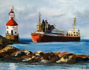 Original Oil Painting Ship Seascape Lighthouse Art Nautical Boat Signed 16x20" - Picture 1 of 9
