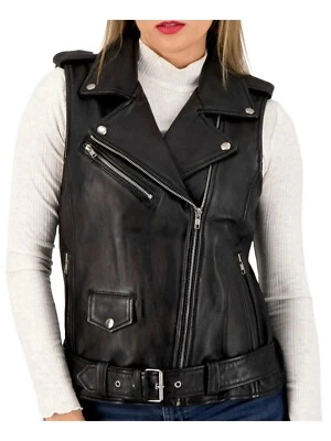 Leather Vest Jacket Motorcycle Biker Women Style Womens Size Zip Full Black 21 - Image 1 of 4