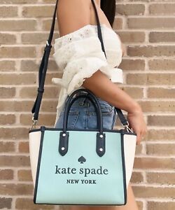 Kate Spade Ella Colorblock Small Leather Satchel Crossbody Poolside Blue Logo