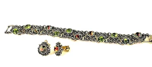 Green Aurora Borealis Bracelet & Clip On Earrings Set Metal Woven Bracelet - Picture 1 of 10