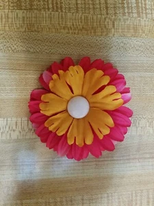 handmade pink & yellow Gerber daisy flower clip/ barette with large white button - Picture 1 of 3