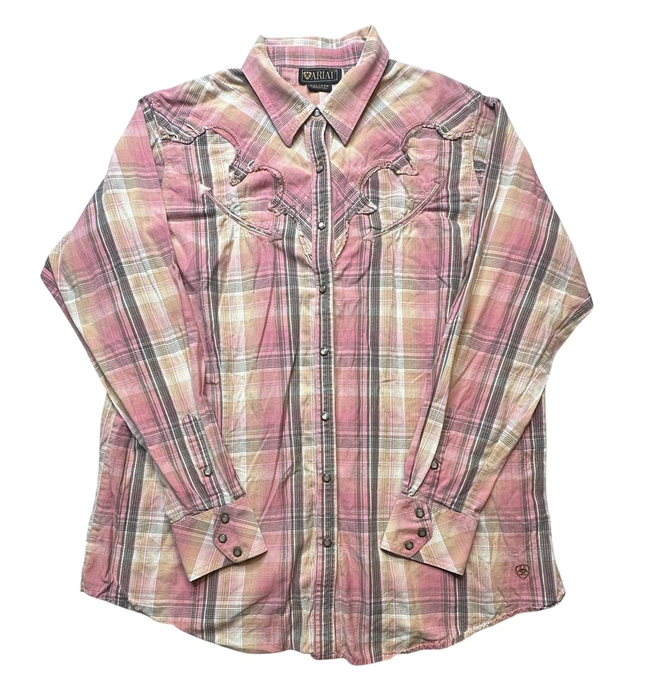 Camisa Ariat Feminina 2XL Rosa Xadrez Pérola Ocidental Snap Manga Longa Algodão - Imagem 1 de 4