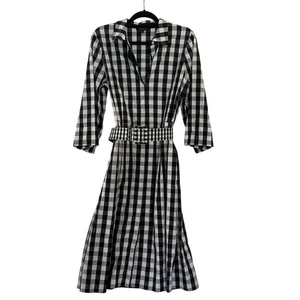 Lafayette 148 Gingham Midi Shirt Dress Large 3/4 Sleeve Black White Button Front - Picture 1 of 9