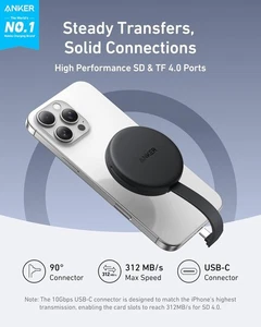 Black Anker MagGo USB-C Adapter, SD Card Reader for USB C iPhone 16/15 Series - Picture 1 of 3