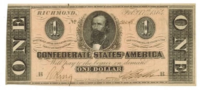 Feb 17, 1864 CONFEDERATE STATES OF AMERICA CSA $1 Currency  T-71 - Image 1 of 2