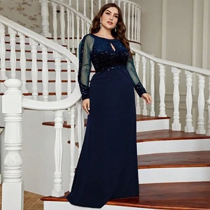Ladies' plus size lace temperament sequin long sleeved elegant bridesmaid dress - Picture 1 of 12