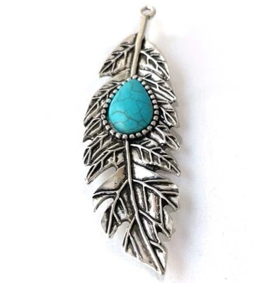 70x21mm Antique Silver Pewter / Alloy Blue Turquoise Glass Enamel Leaf Pendant - Image 1 of 3