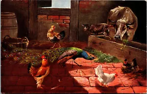 Postal de colección de la serie de arte alemán americano de la década de 1910 escena de granja pollos pavo real vaca - Imagen 1 de 2