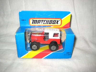 MIB 1981 Matchbox #14 4x4 Jeep, Red w Rare Grey Interior in VG Blue Display Box - Image 1 of 4