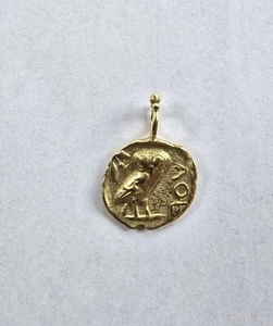 18k Yellow Gold Owl of Athena Coin Replica Pendant Charm - Picture 1 of 9