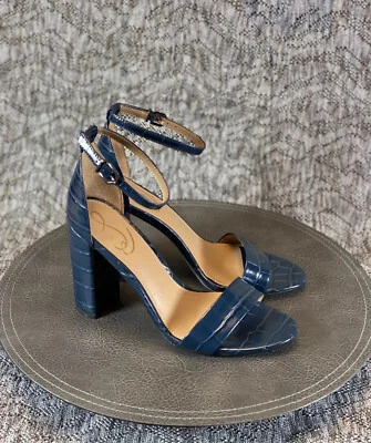 Sam Edelman Yaro 凉鞋踝带高跟鞋 8 W 宽海军蓝鳄鱼 — 第 1/4 张图片