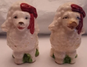 Vintage Japan White Poodle Dogs Salt Pepper Shakers Ceramic Red Bow Retro CHIP - Picture 1 of 9