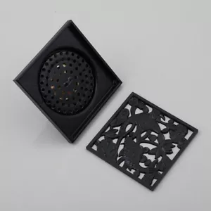 Bagno scarico montaggio a pavimento quadrato nero 4"" ottone rifiuti doccia scarico acqua intagliato - Foto 1 di 10