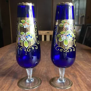 Vintage Bohemian Cobalt Blue Glass Vase Pair Gold Gilt Floral Hand Painted 10” - Picture 1 of 24