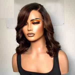 Short Wave Human Hair Lace Front Wig Brazilian Remy Side Part 13x6 Ombre Brown - Picture 1 of 9